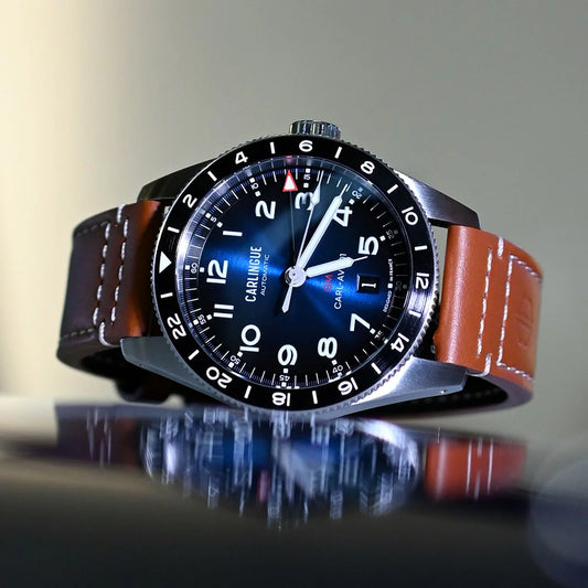 Montre CARLINGUE GMT Aviation 01 Bleu & Cuir Cognac CT-002-C