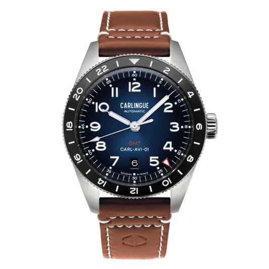 Montre CARLINGUE GMT Aviation 01 Bleu & Cuir Cognac CT-002-C