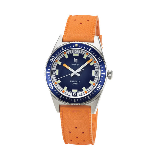 Montre LIP Nautic 3 Quartz 671861 cadran bleu et bracelet orange vue de face
